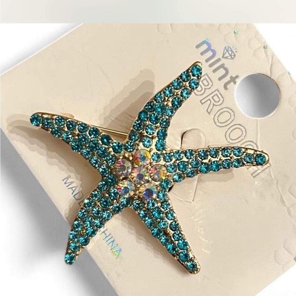 Starfish rhinestone starfish brooch, blue & iridescent crystals gold-tone alloy